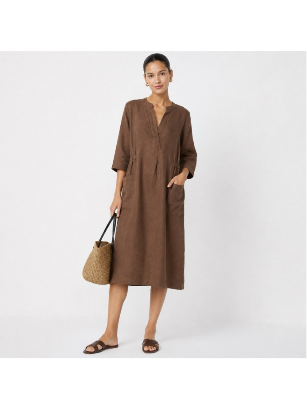 LINTICO Chocolate Brown Lagenlook Earthy Midi Dress Pockets 100% Linen L